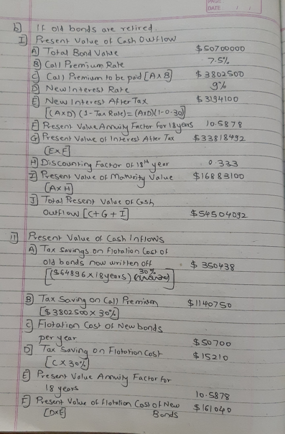 PAGE DATE IF 0l4 bonds are retired IResent Volue of Cash Owflow A Total Bnd Nalue $C07 00000 7.S% B Col) Premi um Rate Cal) P