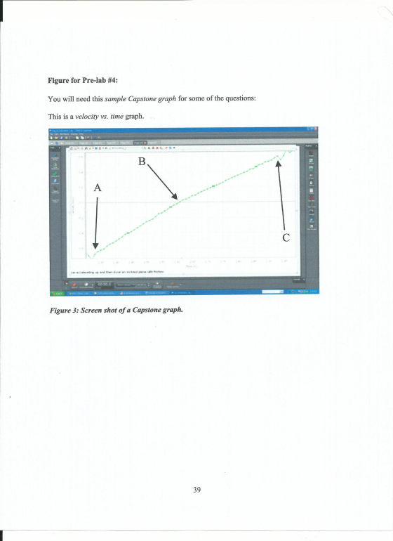 Figure for Pre-lab #4: You will need this sample Capstone graph for some of the questions: This is a velocity vs. time graph. Figure 3: Screen shot of a Capstone graph. 39