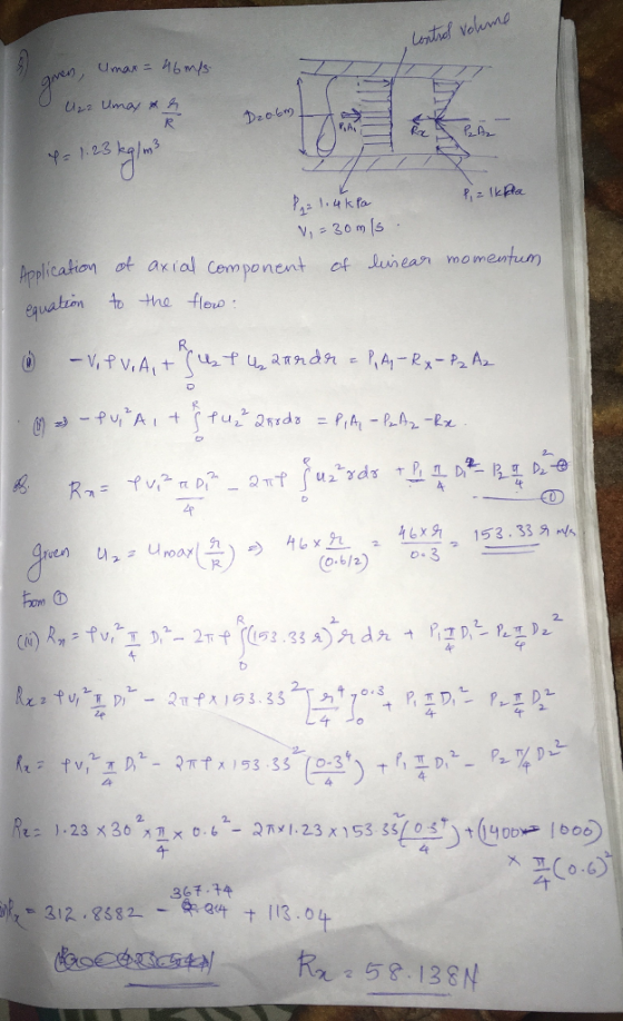 Control volume , Umar = 46 m/s U22 Umayr Dz0-6 DzObm H = 1.23 kalm3 P = 1.4kpa P, z Ikkia V, - 30 ml axial component of livie