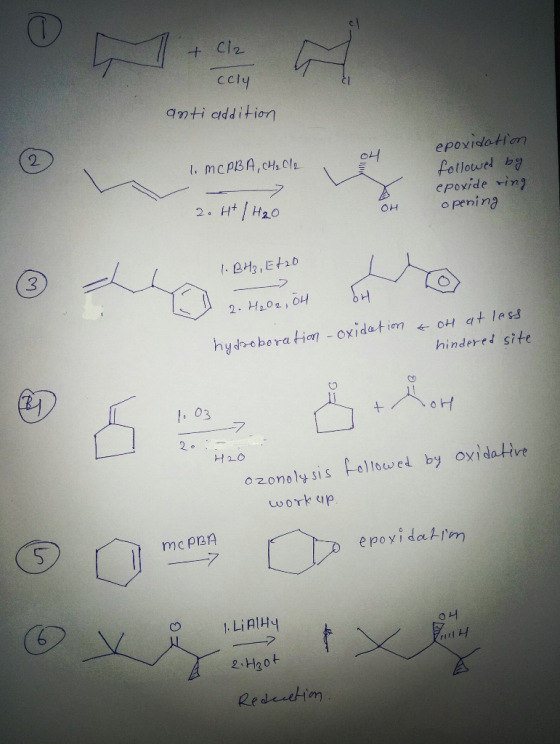 + Cl2 cely anti addition lo Mc PBA, CH₂012 1. MCPBA, HCl ve 20 4+ / H₂O epoxidotton followed by epoxide ring opening 1. BH₂,