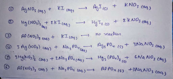 AI (NO3)3 can.) + R2009.) 0 AgNO3 Lag) + KI lags Ag Ils) + KNO3 (99) • Hg (NO3)2 + 2K I (ar) - Hg Iz (s) + 2 KNO3 (99.) PE (N