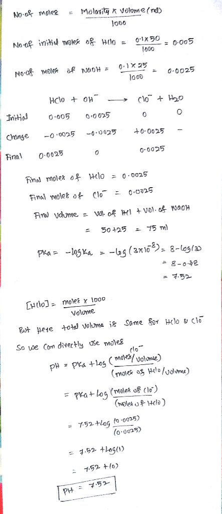 No.of mores - Molotily a Volonel nd) 1000 No of initid moles of HUO = 01x50 1000 0.005 OH = 0.12 No.of molek af NOOH = 0.1 x
