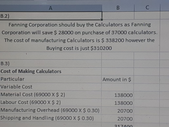 B.2) Fanning Corporation should buy the Calculators as Fanning Corporation will save $ 28000 on purchase of 37000 calculators