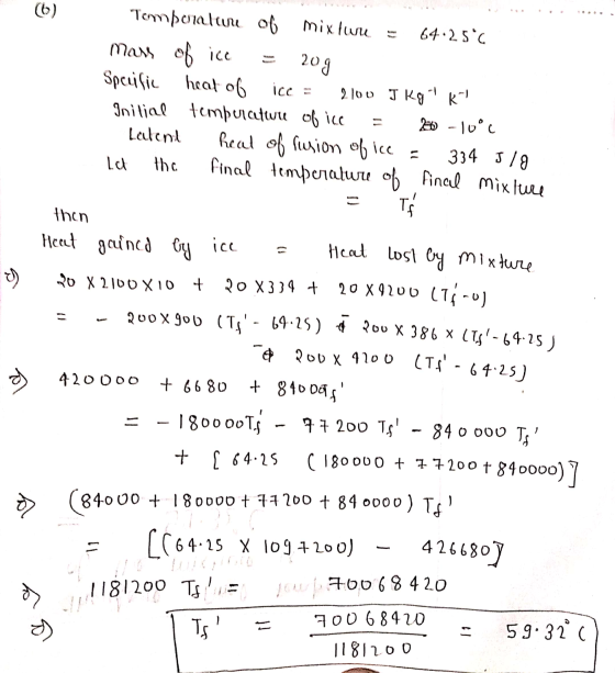 (6) 209 heat of Tomponatur of mixtun 64.25°C mass of ice Specific ice - 2100 J Kglk Initial tempuratwu of ice 20 -10°C Latent