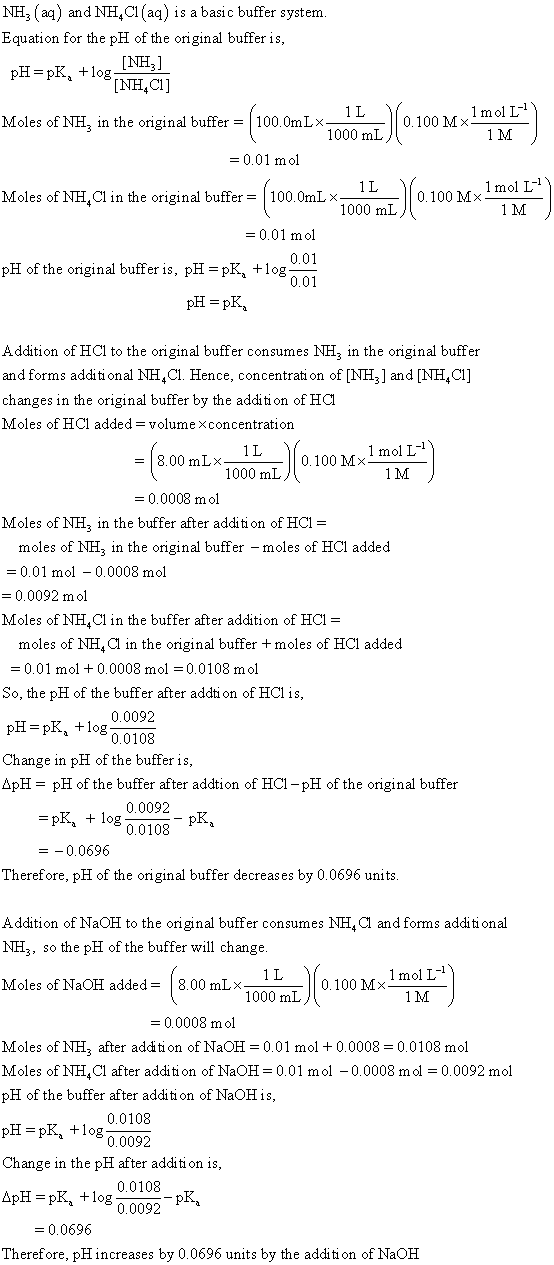 NH3 (aq) and NH,CI (aq) is a basic buffer system Equation for the pH of the original buffer is pH-pK, log Moles of NH, in the