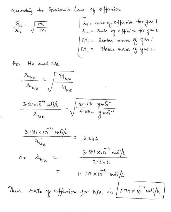 V According to Grahams law of effusion, el, = sate of effusion for gas I r₂ = rate of effusion for gas2 M. = Molar mass of g