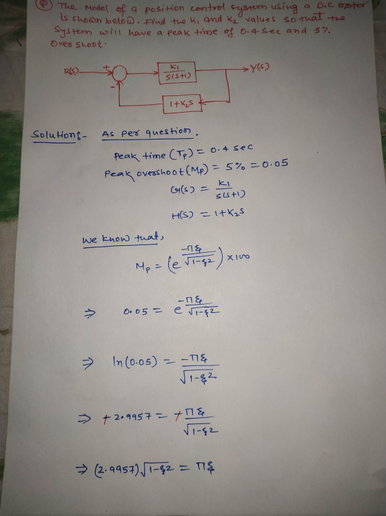 the The model of a position control system using a 0.6 motor is shown below. Find the ki and Ka values so that system will ha