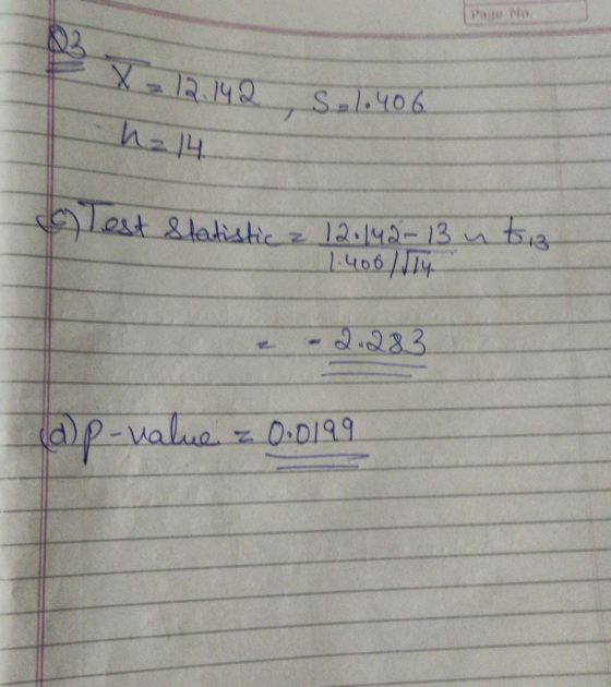 Page No X 12.142 h214 Sol.406. 7 Test Statistic 12.142-13 u tis 1.400 1514 - 2.283 (a p-value 0.0199