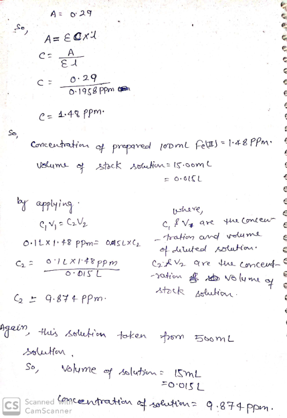 A=0:29 A= E axil C= A Šī c= 0. 29 0.1958 ppm e = 1.48 ppm. Concentration of prepared loomi Fe (II) = 1.48PPm. volume of stock