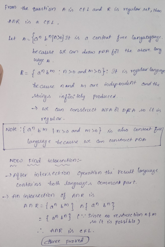 from the question Ais cfl and R is regular set, then ADR is a CFL, Let A-fan 6 1030} It is a content free languaguage. becaus