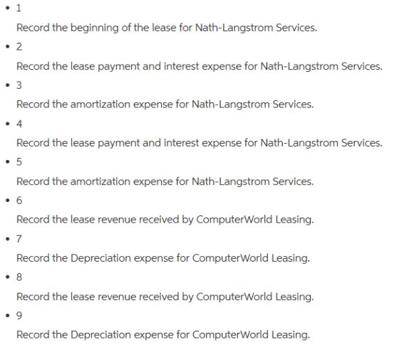 • 1 Record the beginning of the lease for Nath-Langstrom Services. • 2 Record the lease payment and interest expense for Nath