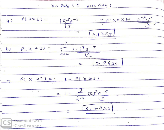 X~ pay is pere day ) - X= 1) = e- کم کرد) کی Tecx=x+ 10.1755) b) P X < 3) = 3 E xe O. & 6so - PLX > 3) = 1 L- PCX <3 ) 3 I- z