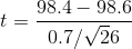 t = \frac{98.4-98.6}{0.7/\sqrt 26}