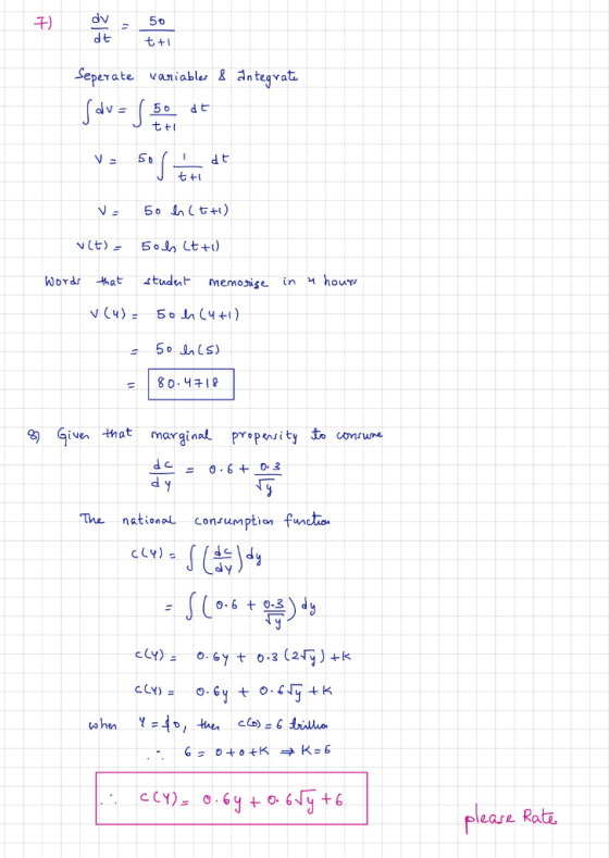 7) dv = 50 dt til Seperate variabler & Integrate sov = S so dt V- 50 (Edt tt Jt V - 50 h (tu) ult) 500 (t+1) words that stude