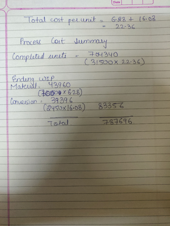 Total cost per unit - 628 + 16.08. 22:36 Process Cost Completed unets summary & 704340 (31500x 22.36) Ending WIP Matenal - 43