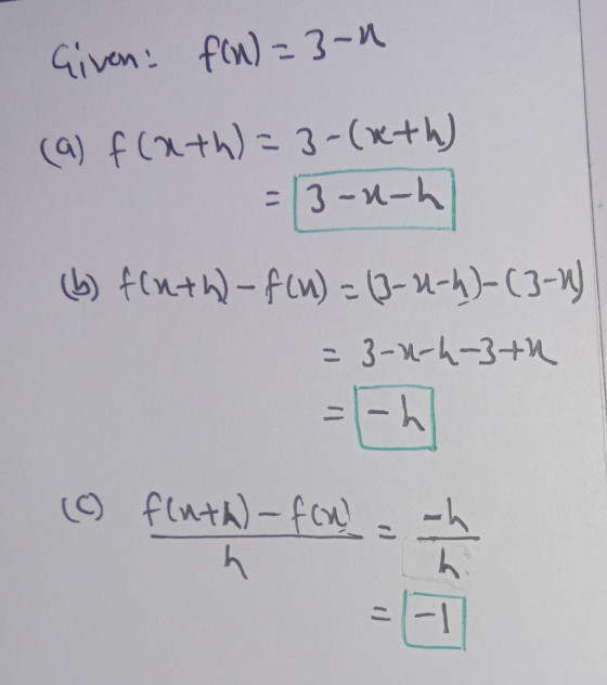 Given fin) = 3-1 (a) f(ath)=3-(6th) = 3-u-h (b) finth)-f(u) = (3-u-4)-(3-2) = 3-1-4-3th =|-h (C) fluta) - fon = h -1