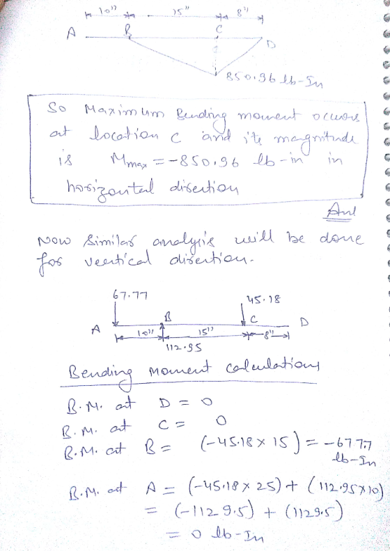 850.gb lb in So Maximum Pending moment ocurris at location c and site mangritinda is Mmax =-850.36 lb-in in horizonted direct