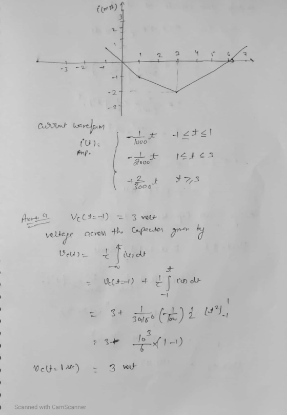 { (MP) current warefum ita Anp. Toot - Lot 1 + 2 gooot t<t</ Istes 47,3 - Aura a Ve C&=-1) = 3 meet veltage acron the Capacit