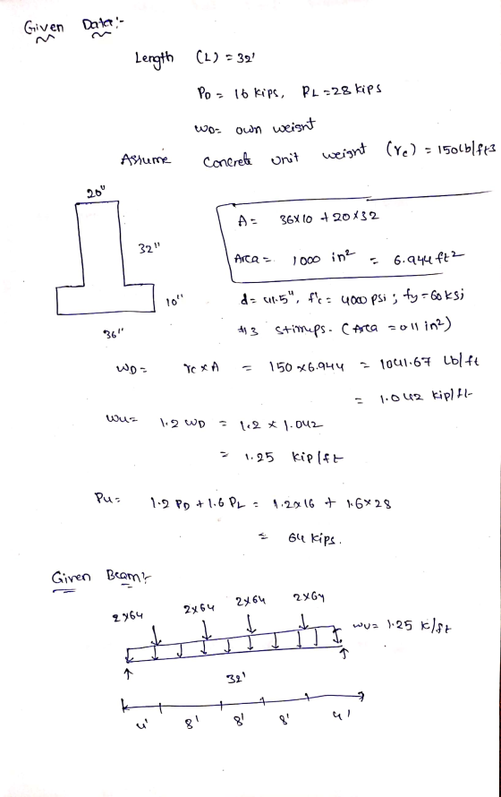 Given Daten Length (L) = 32 Po = 16 kips, RL=28 kips wo own weight concrete unit weight (re) = 1501b/ft3 Assume A = 36X10 + 2