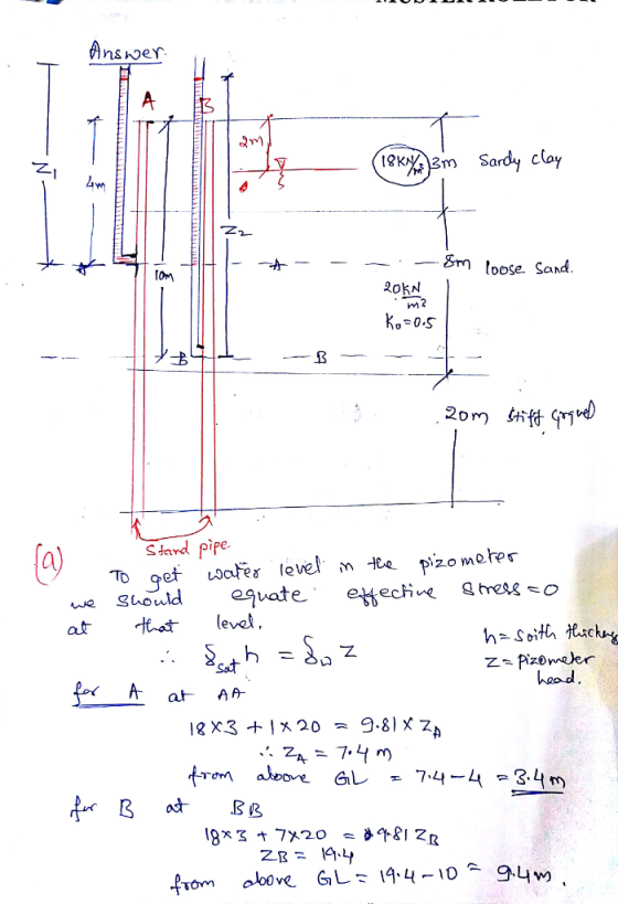 Answer 18Km Sardy clay Em oose Sand. tom m2 20m Stand pipe To Qetater level m tee pizometer guate level hess = o guould eteci