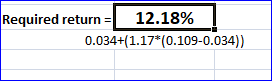 Required return = 12.18% 0.034+(1.17*(0.109-0.034))