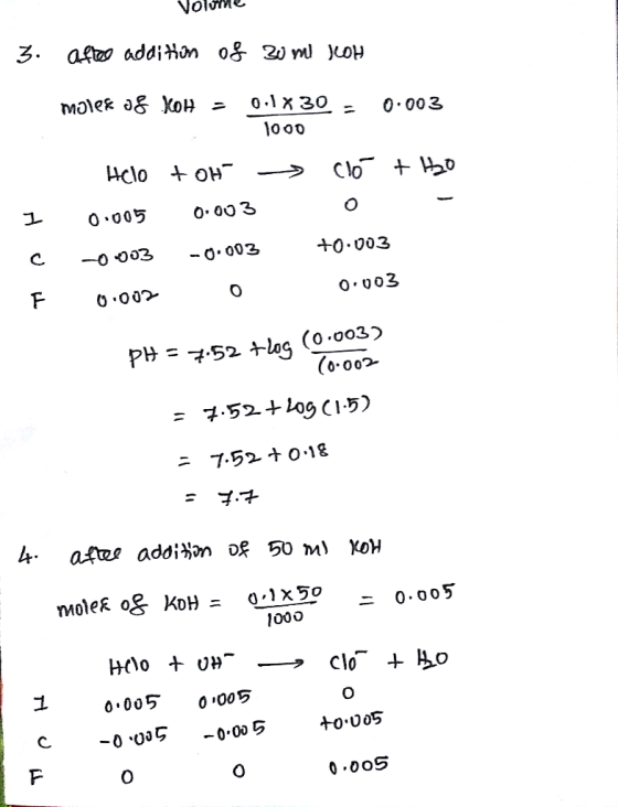 Volume 3. afto addition of 20 m job molek 08 KOH = 0.1x30 = 0.003 1000 - tot Helo 0.005 -0003 F 0.002 toh 0.003 -0.003 Clo th