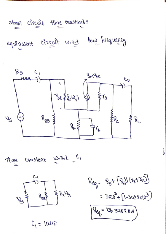 short circuit time constants equivalent circuit wodot low frequency Rg ci www 73 mo be + be to “อีก man Vg BB R RE Time const