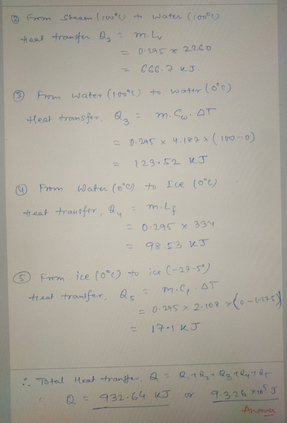 ♡ from Steam 110o) to water (10012 Heat transfer D? m.lv = 0.295 x 2260 - 666.7 kJ ② from water (100°c) to water (0°c) Heat t