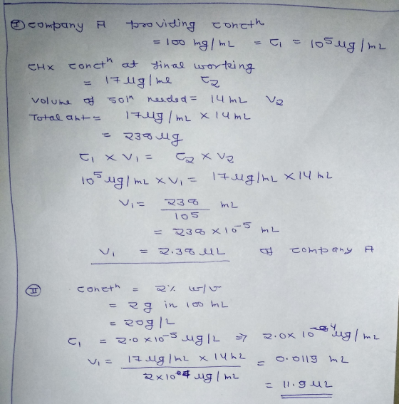 company » providing conath I = 100 ng/mL = = 10suglme EHX concth at final working = 17 luglme tz volume of solh needed = 14m2