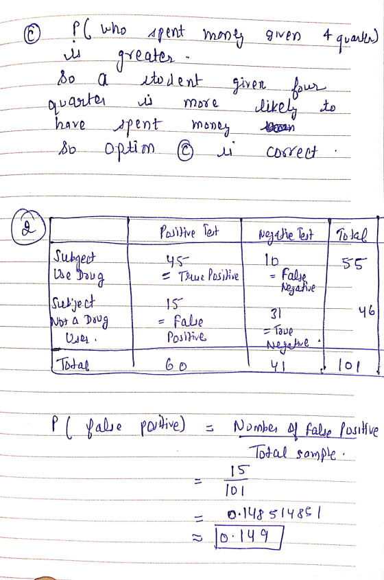 © 4 quarter) pl who spent monly given is greater so a stodent giver four quarta have spent money option correct ند more likel