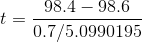 t = \frac{98.4-98.6}{0.7/5.0990195}