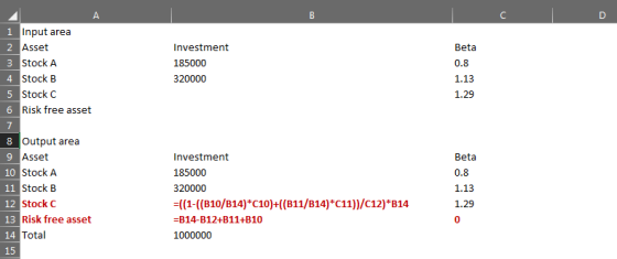 A B C D Investment 185000 320000 Beta 0.8 1.13 1.29 1 Input area 2 Asset 3 Stock A 4 Stock B 5 Stock C 6 Risk free asset 7 8