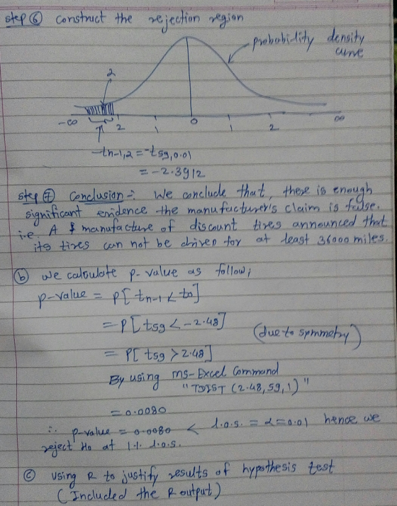 step 6 construct the rejection region. probability Proborary density cune 72 th-1,2= 259,9.00 = -2.3912 step ② Conclusion We