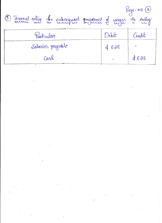 ☺ Page No ③ Jewing te contains they subrequent payment of cookies to susly Debit Credit Particular Salaries payable . Cash $