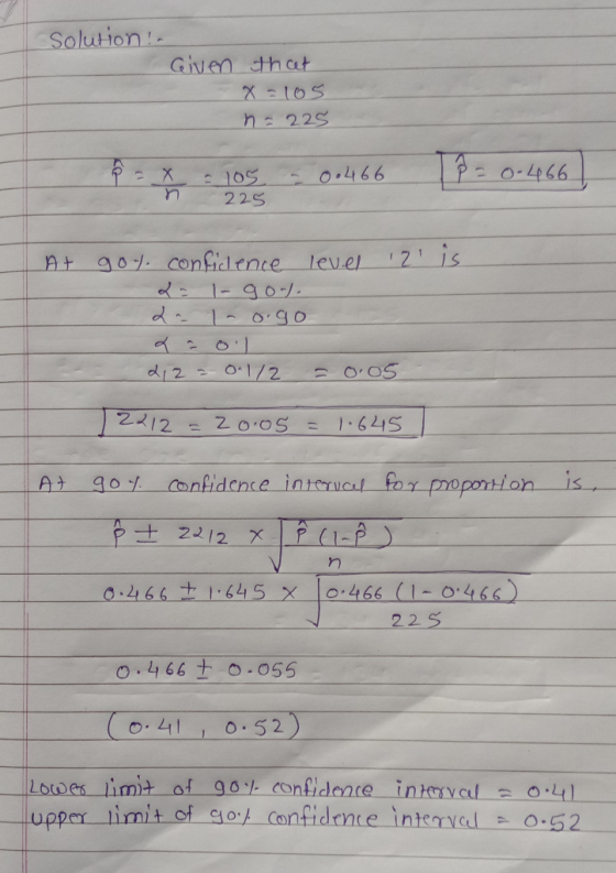 Solution ! Given that x =105 n = 225 - m = 109 - 04 66 1 - 0 - 44 46. 225 At 2 is got. conficlence level 2 l-90-. 2 - 1 - 0