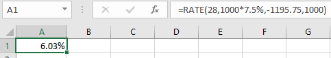 A1 X fix =RATE(28,1000*7.5%,-1195.75, 1000) D E F G B C A 6.03% 11