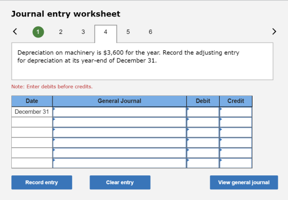 Journal entry worksheet Depreciation on machinery is $3,600 for the year. Record the adjusting entry for depreciation at its