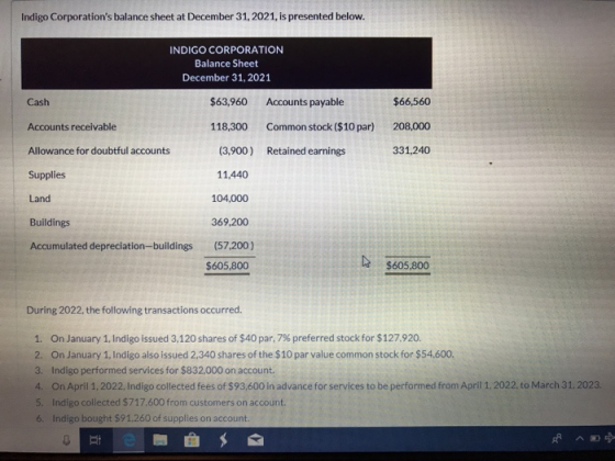 Indigo Corporations balance sheet at December 31, 2021, is presented below. INDIGO CORPORATION Balance Sheet December 31, 20