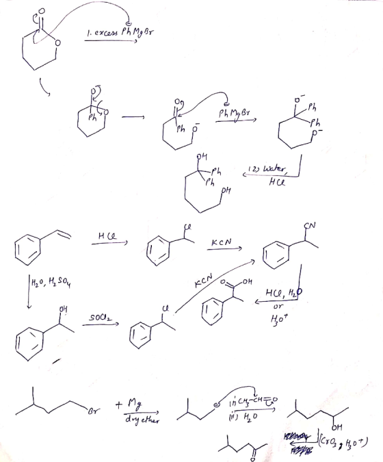 1. excess Ph Mg Br Ph o 04 tph12) Water Hee Hce or кс TH₂O, H₂ Sou KON O, p olage Hie, H₂4 SO02 We or + Mg o inchach 11 H2O