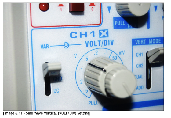 0 PULL CH1X VOLT/DIV VERT MODE VAR - .2. .1 mV V CH1 .5 50 CH2 GND DUAL 2 DC ADD 5 PULL [Image 6.11 - Sine Wave Vertical (VOL