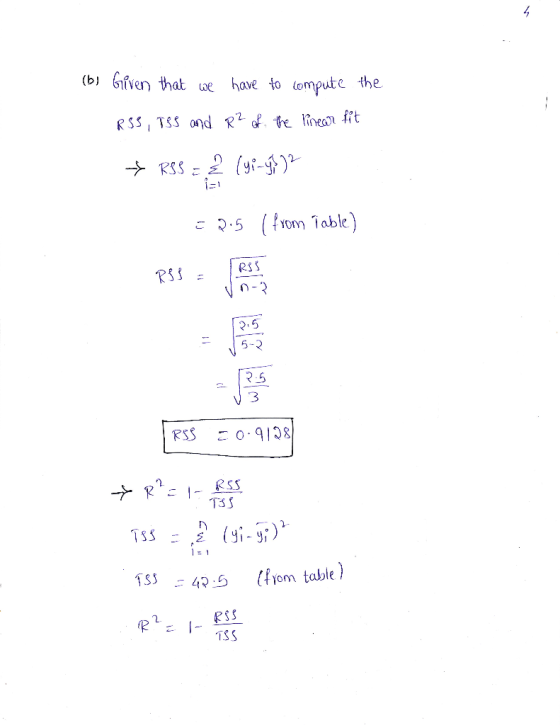 (bi Given that we have to compute the RSS, TSS and R² of the linear fit + RSS=2 {y^-y})? i-1 = 0.5 (from Table) RSS 50.9198 *