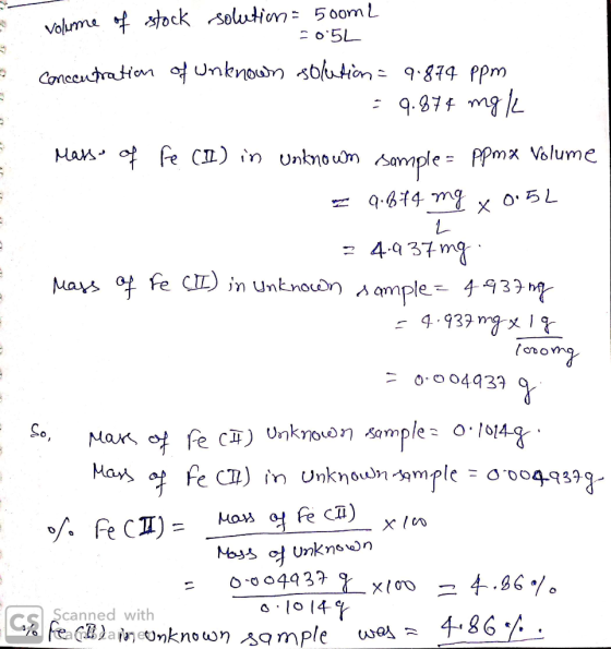 2 2 2 volume of stock solution = 500m2 = 0 5L concentration of unknown solution = 9.874 ppm = 9.874 mg k Mass- of Fe (II) in