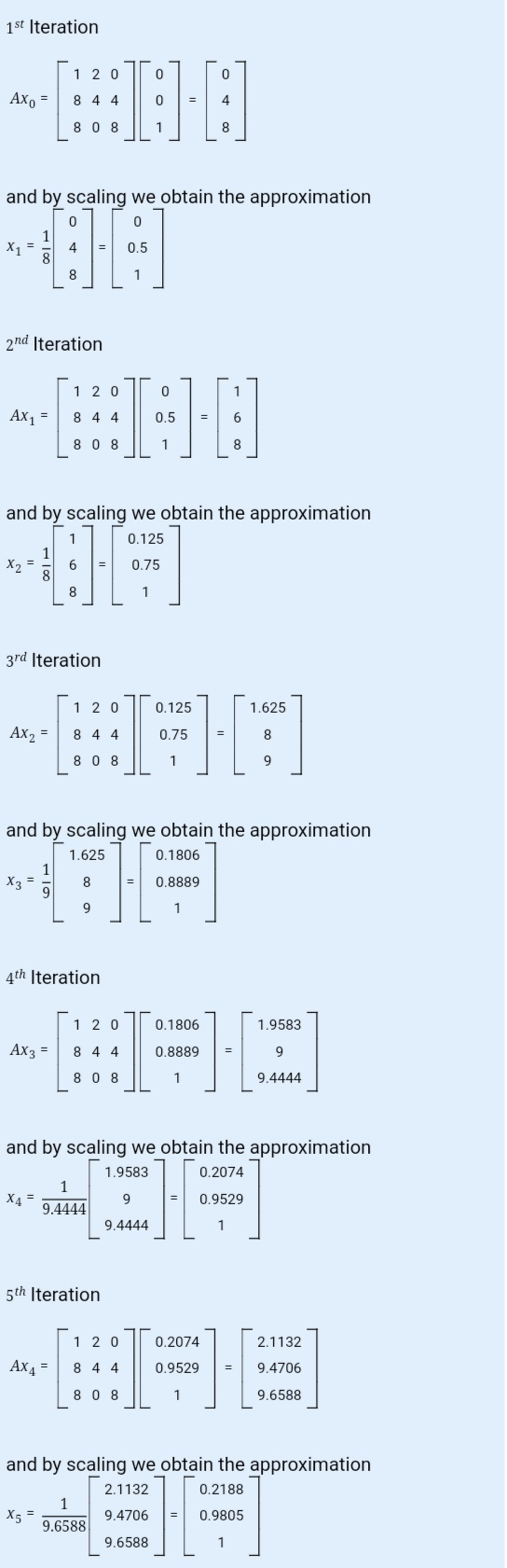 1st Iteration 1 2 0 0 0 Axo = 8 4 4 0 = 4 808 1 8 and by scaling we obtain the approximation 0 0 1 X1 = 0.5 8 1 2nd Iteration