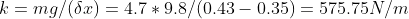k = mg/(SI) = 4.7 * 9.8/(0.43 -0.35) = 575.75N/m