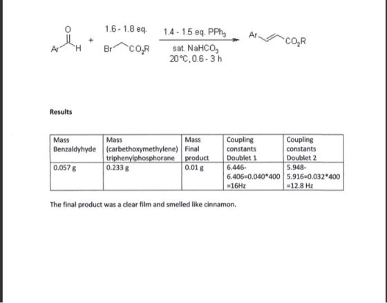 o 1.6-1.8 eq. 1.4-1.5 eq. PPh Ar c o, AH BCOR sat. NaHCO 20°C,0.6-3 h Results Mass Benzaldyhyde Mass Mass (carbethoxymethylen