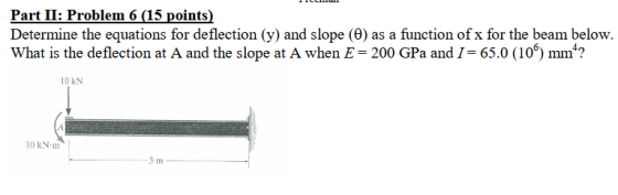 Part II: Problem 6 (15 points) Determine the equations for deflection (y) and slope () as a function of x for the beam below.