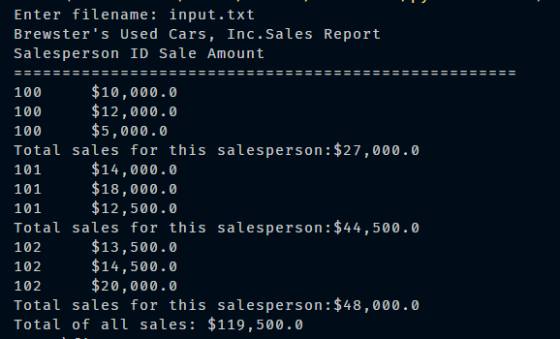 Enter filename: input.txt Brewsters Used Cars, Inc. Sales Report Salesperson ID Sale Amount ================================