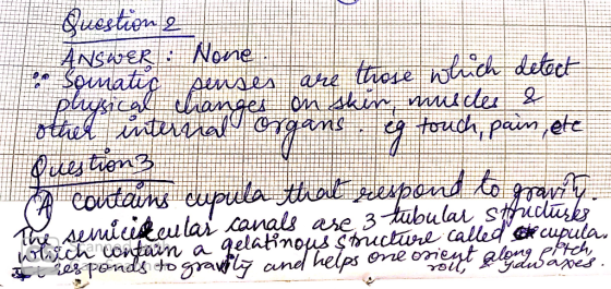 Questions ANSWER: None Somatic senses are those which detect physical changes on skin muscles & other internal organs eg touc