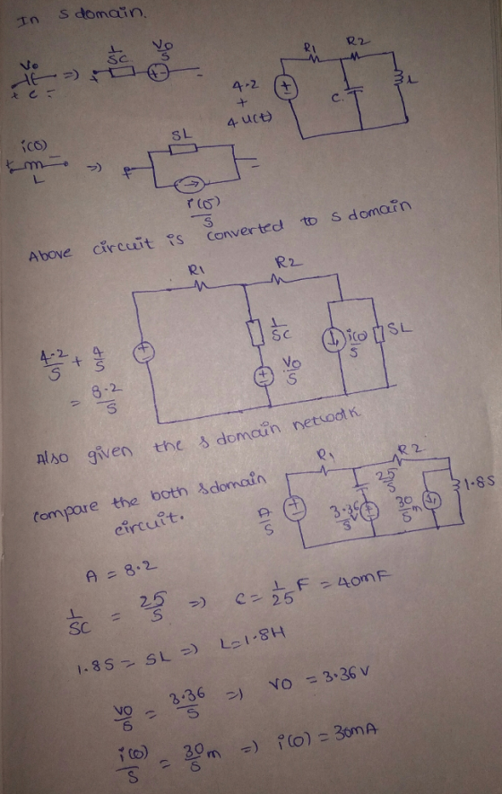 In S domatn, No te SC. R R2 4-2 ( 1Co) Above circcut s conver te to s domafn Ri R2 -2A S c 8-2 5 Also given the domain netood
