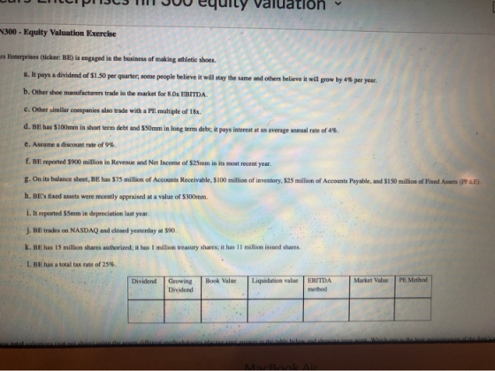 U LILLIPICS T Jou equity valuation 300 - Equity Valuation Exercise s Enterprises (ticker: BE) is engaged in the business of m